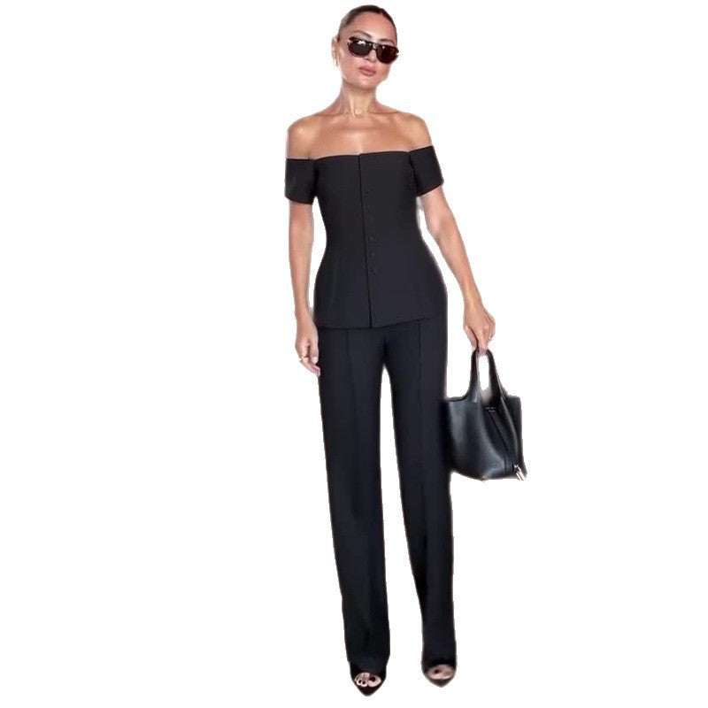 Temperament Commute Off-shoulder Black Slimming Suit