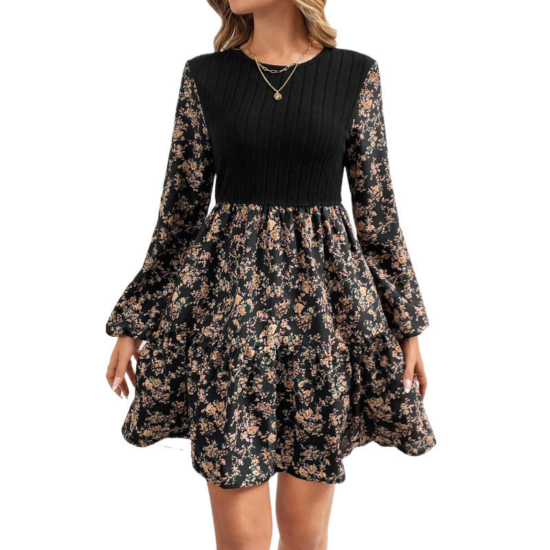 Women's Fashion Slim Round Neck Floral Long Sleeve Dress