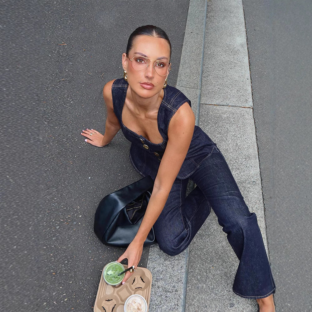 Women's Fashion Casual Single-breasted Denim Vest Pants