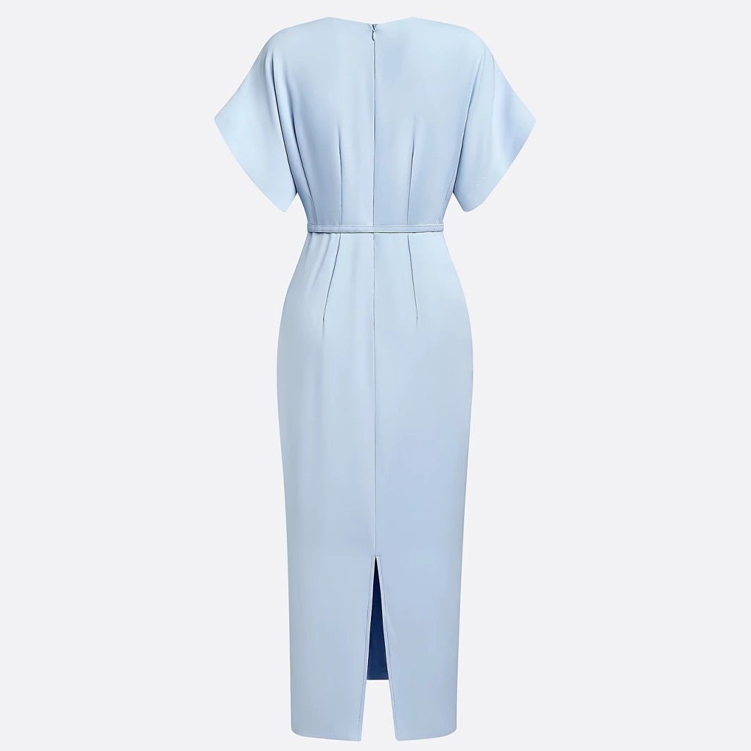 Elegant Classic V-neck Slim-fit Mid-length With Belt Dress