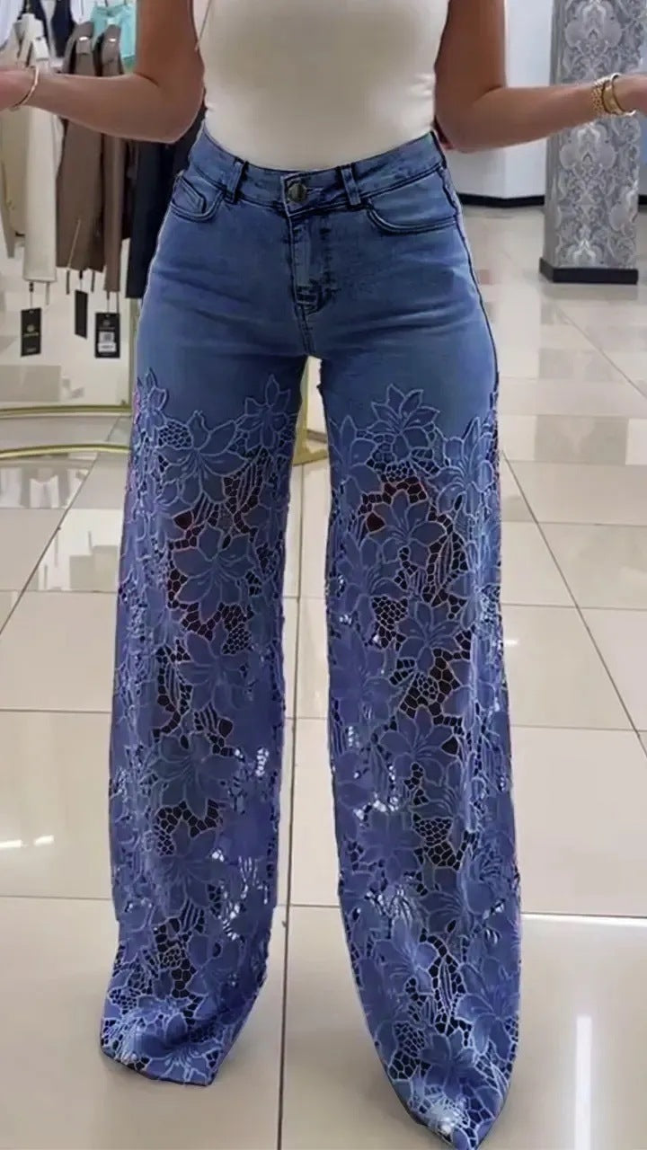 Lace Flowers Hollow Jeans
