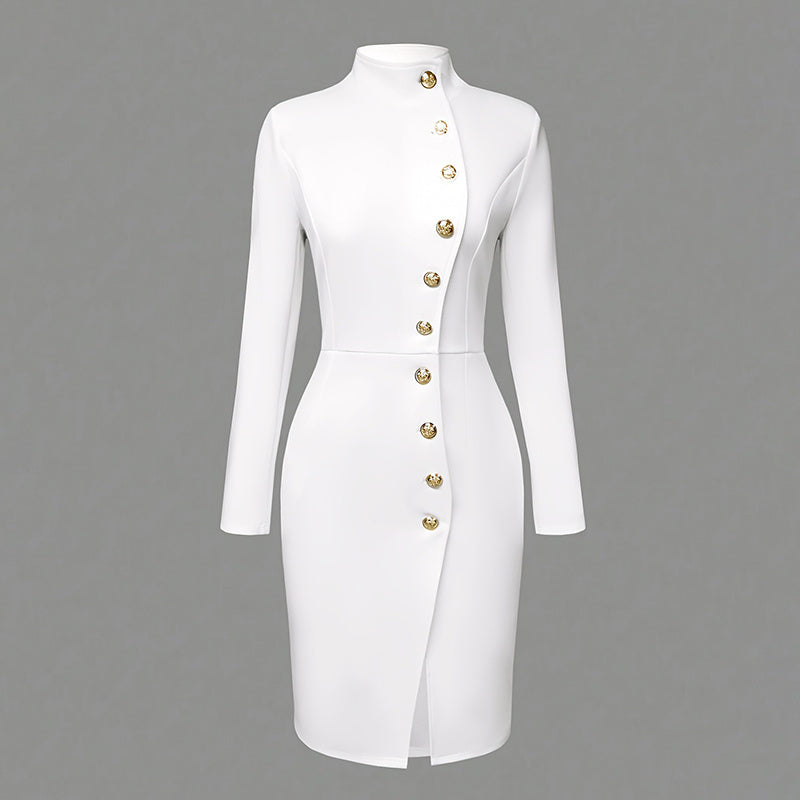 Elegant Solid Color Women's Long Sleeve Dress, Stand Collar With Golden Buttons Bodycon Slit Hem Dress For Formal Occasions