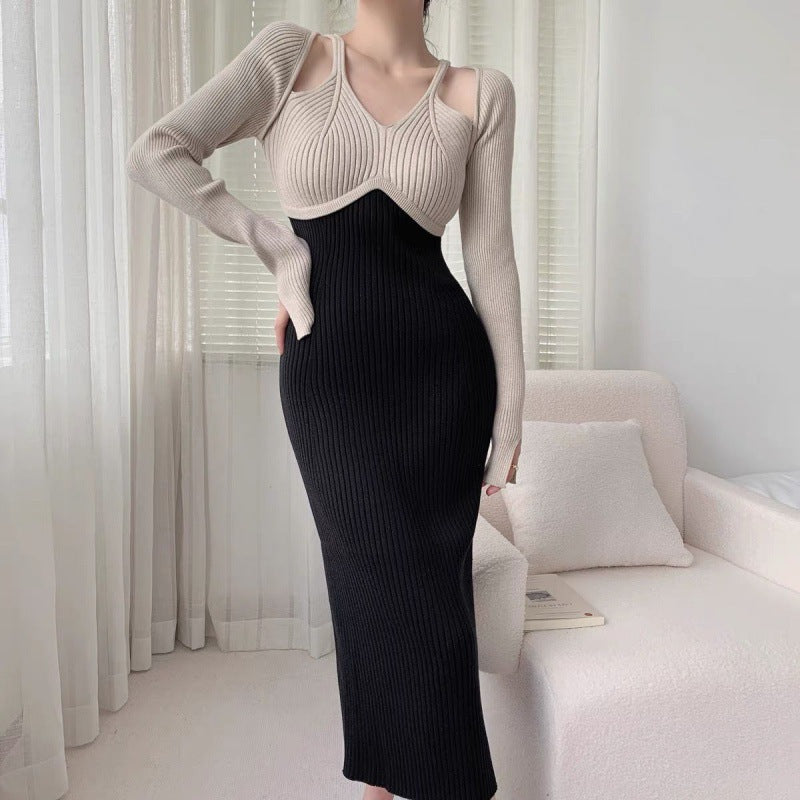 French Style Gentle Halter Knitted Long-sleeved Dress Women