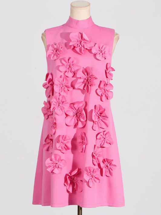 Short Skirt Stand-up Collar Tie Bow Three-dimensional Flower Dress