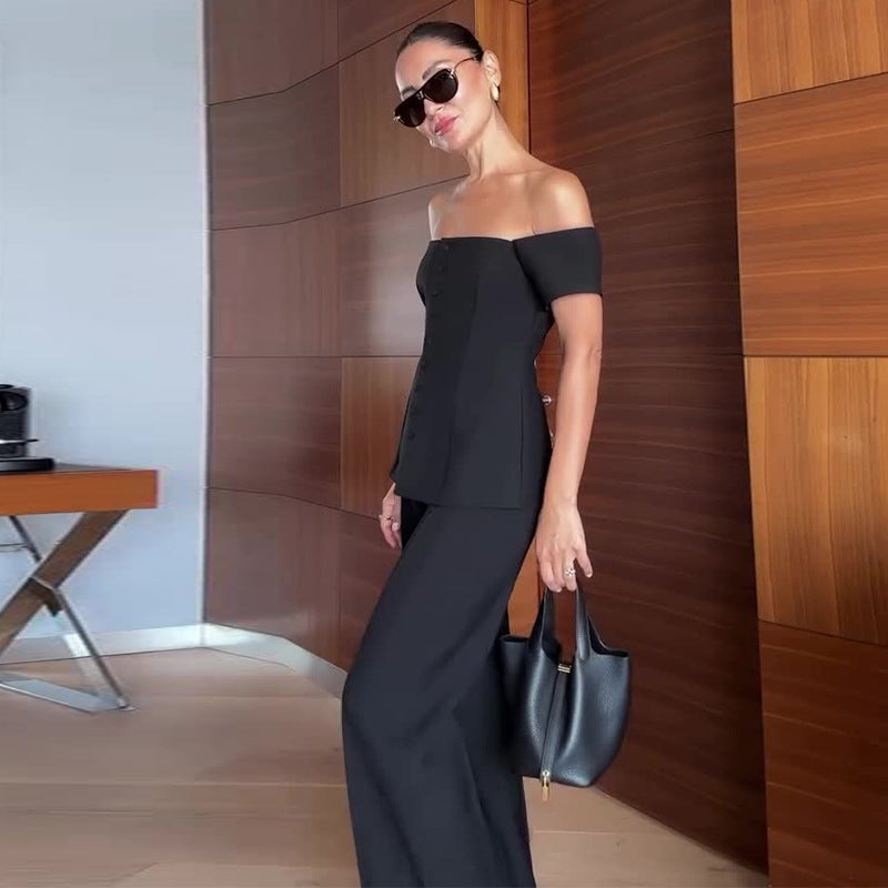 Temperament Commute Off-shoulder Black Slimming Suit