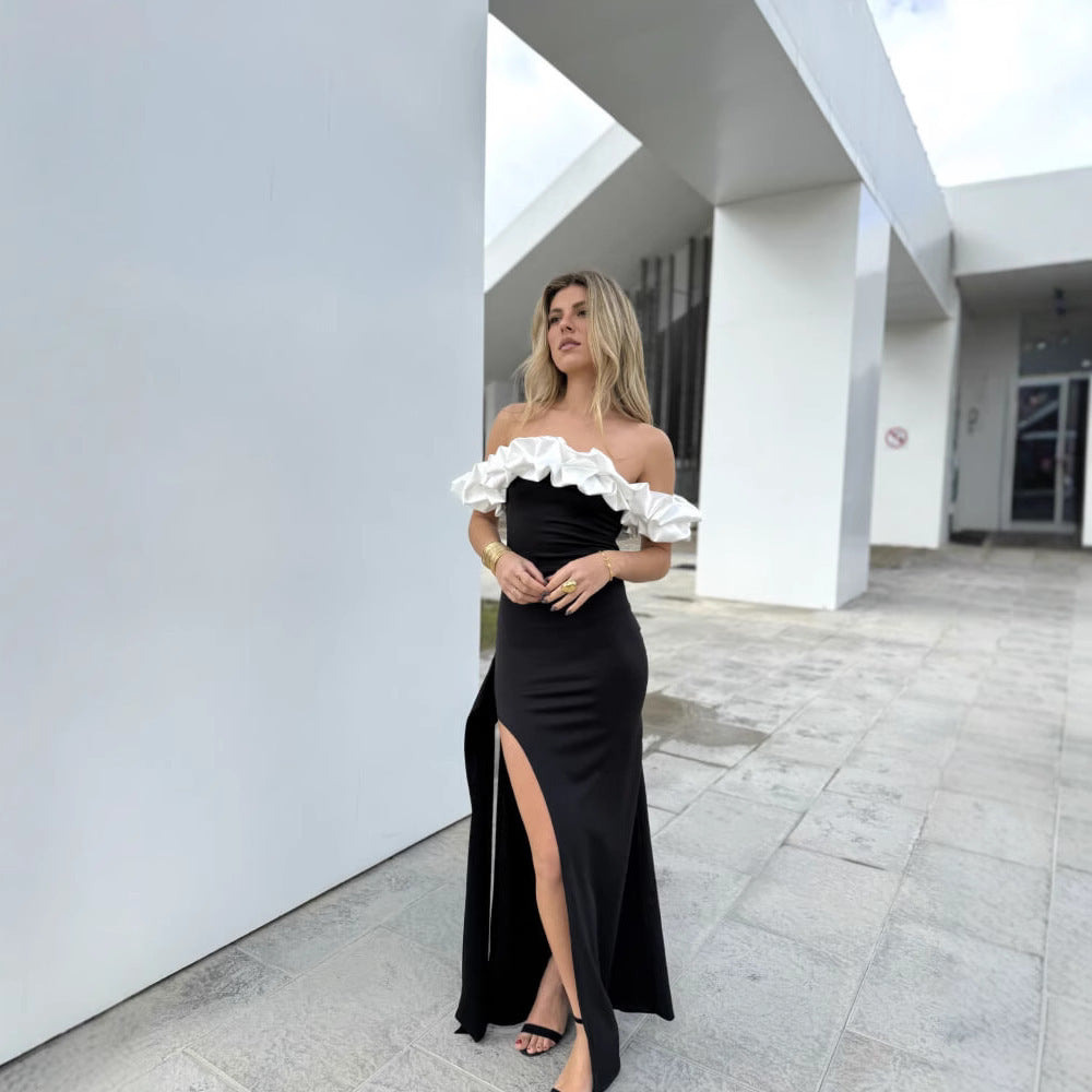 Female Casual Versatile One Shoulder Contrasting Fish Tail Dress