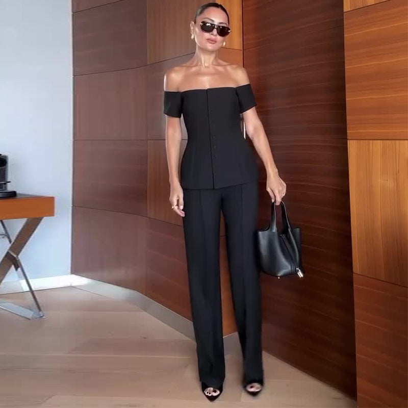 Temperament Commute Off-shoulder Black Slimming Suit
