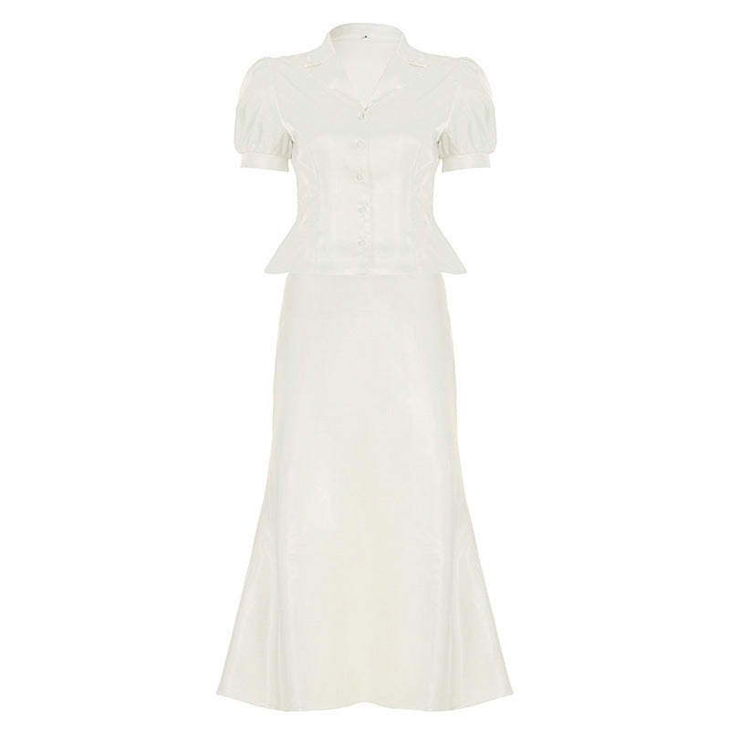 Temperament Pure Color Puff Sleeve Lapel Breasted Top A- Line Fishtail Dress Ladies' Fashion Suit