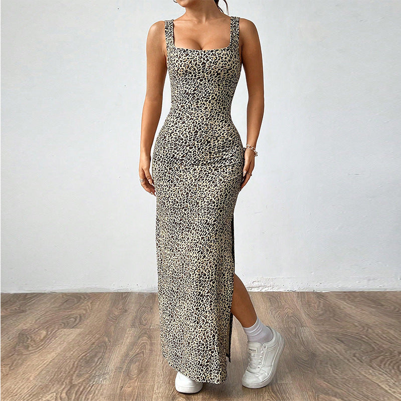 Women's Casual Versatile Leopard Print Suspender Long Dress