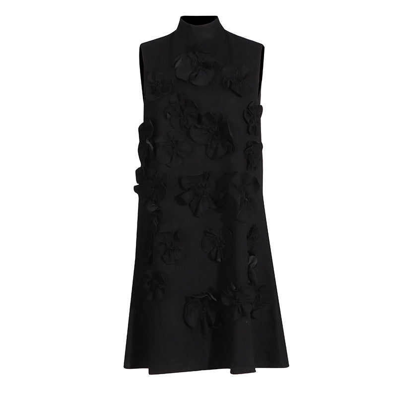Short Skirt Stand-up Collar Tie Bow Three-dimensional Flower Dress