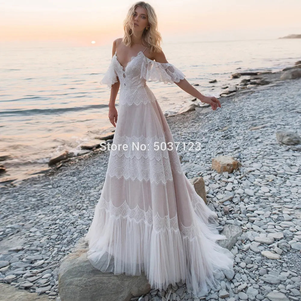 Tempting Nude Champagne V Neck Chic Sleeves Straps Ruffles Lace A Line Backless Bridal Gown