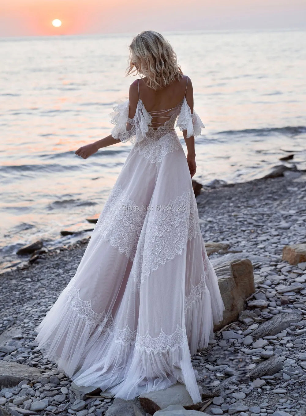 Tempting Nude Champagne V Neck Chic Sleeves Straps Ruffles Lace A Line Backless Bridal Gown
