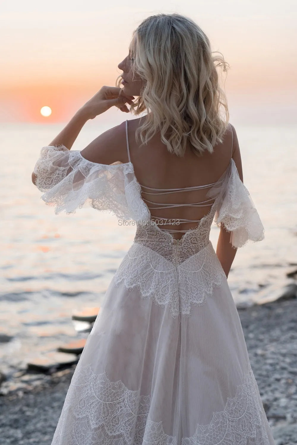 Tempting Nude Champagne V Neck Chic Sleeves Straps Ruffles Lace A Line Backless Bridal Gown