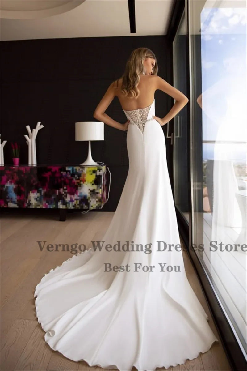 Mermaid Wedding Dress Sweetheart Chiffon Satin Dot Simple Bridal Gown Long Wedding Party Dress With Beads Sash