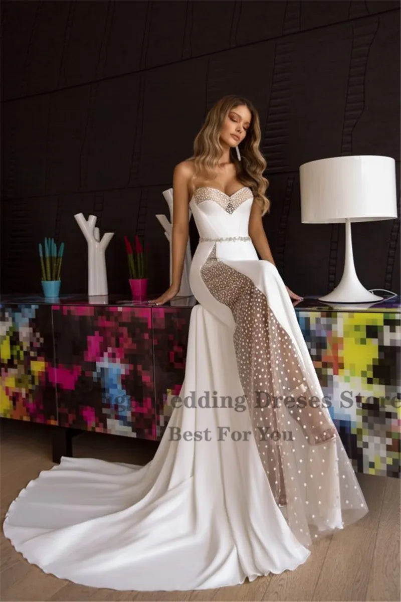 Mermaid Wedding Dress Sweetheart Chiffon Satin Dot Simple Bridal Gown Long Wedding Party Dress With Beads Sash