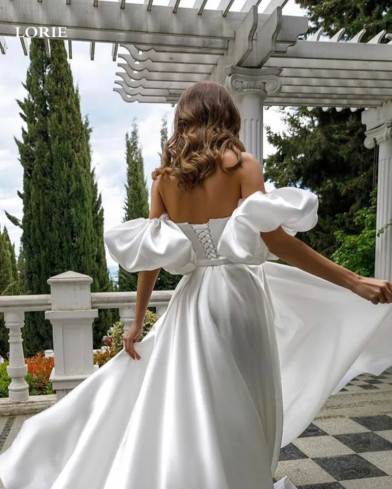 Ivory Princess Wedding Dress Side Split Satin Strapless Bride Dresses With Detachable Puff Sleeve Corset Back Ball Gown