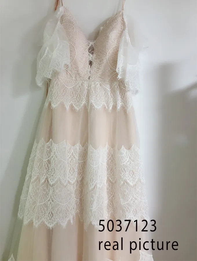 Tempting Nude Champagne V Neck Chic Sleeves Straps Ruffles Lace A Line Backless Bridal Gown