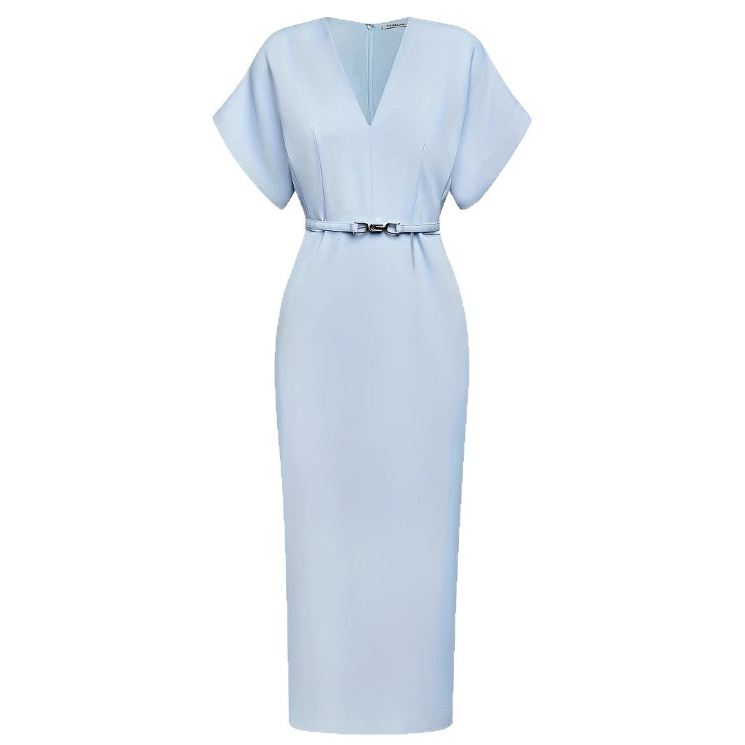Elegant Classic V-neck Slim-fit Mid-length With Belt Dress
