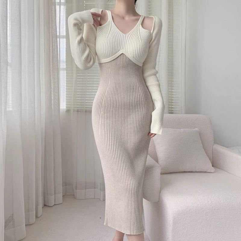 French Style Gentle Halter Knitted Long-sleeved Dress Women