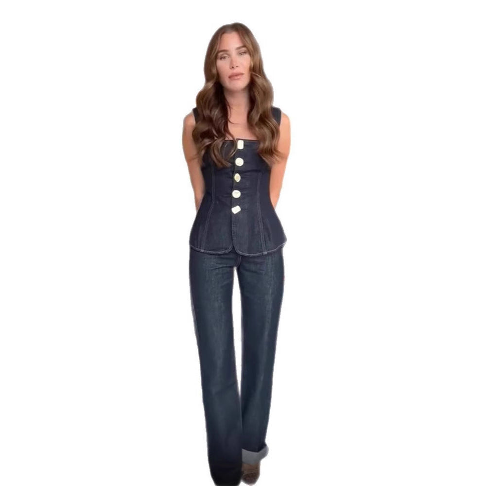 Women's Fashion Casual Single-breasted Denim Vest Pants
