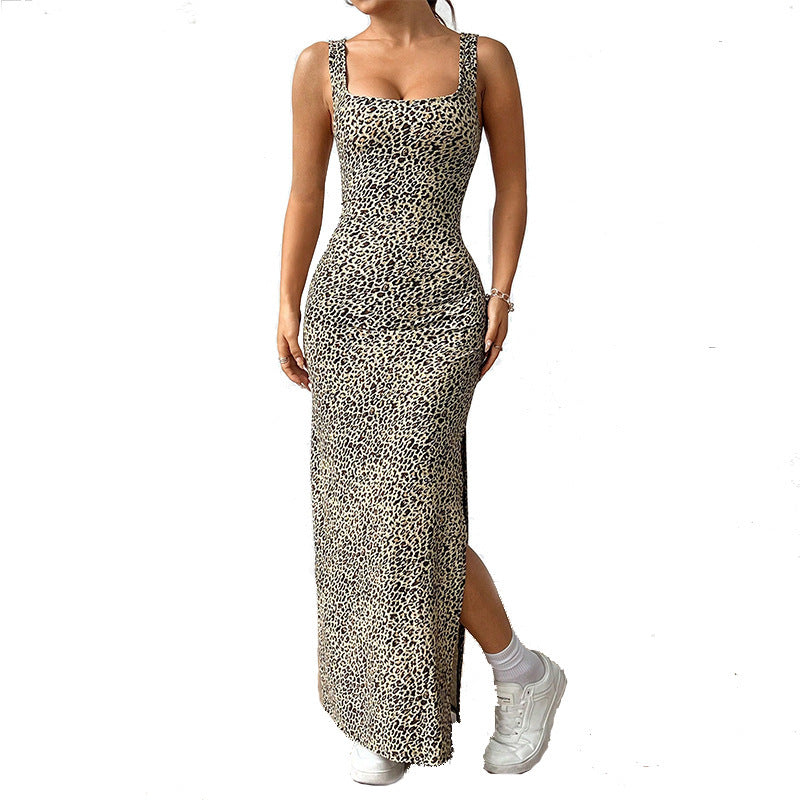 Women's Casual Versatile Leopard Print Suspender Long Dress