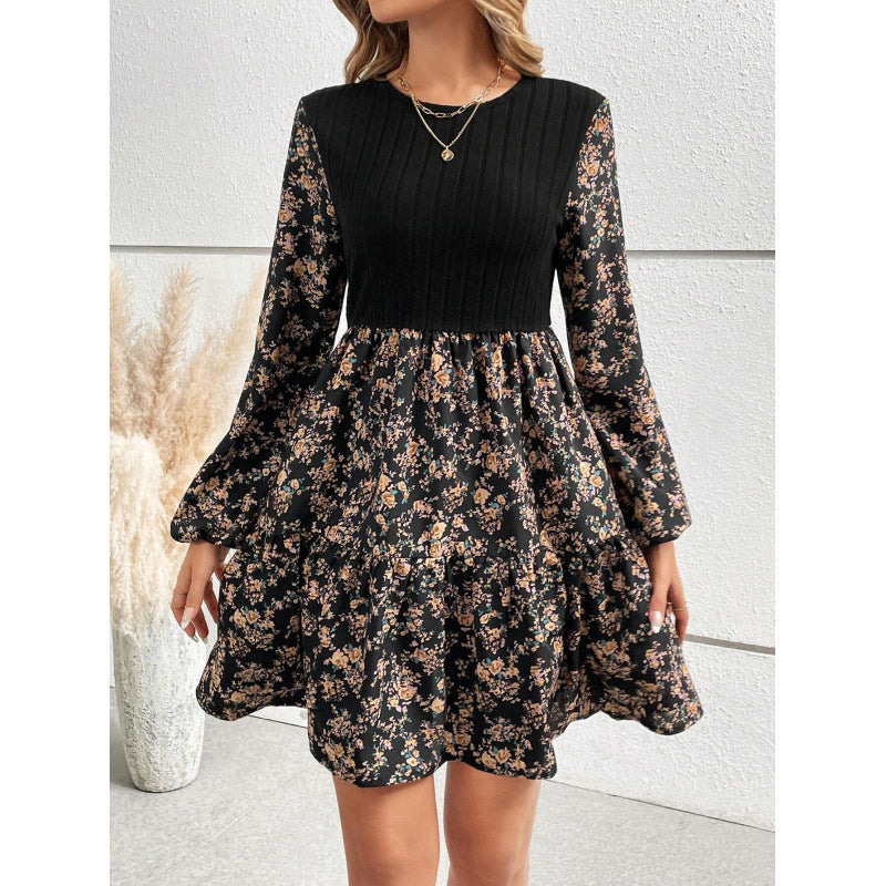 Women's Fashion Slim Round Neck Floral Long Sleeve Dress