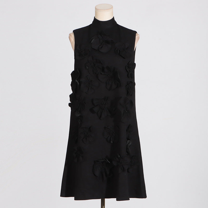 Short Skirt Stand-up Collar Tie Bow Three-dimensional Flower Dress