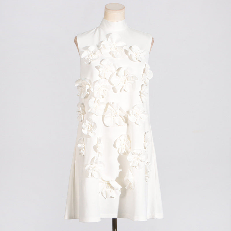 Short Skirt Stand-up Collar Tie Bow Three-dimensional Flower Dress