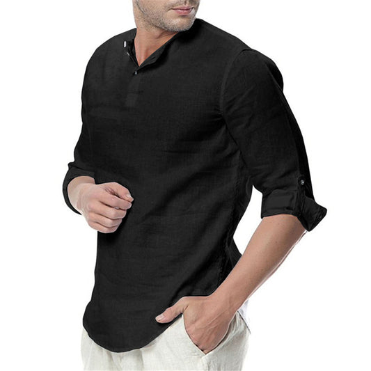 Stand-up Collar Cotton Linen Long-sleeved Shirt