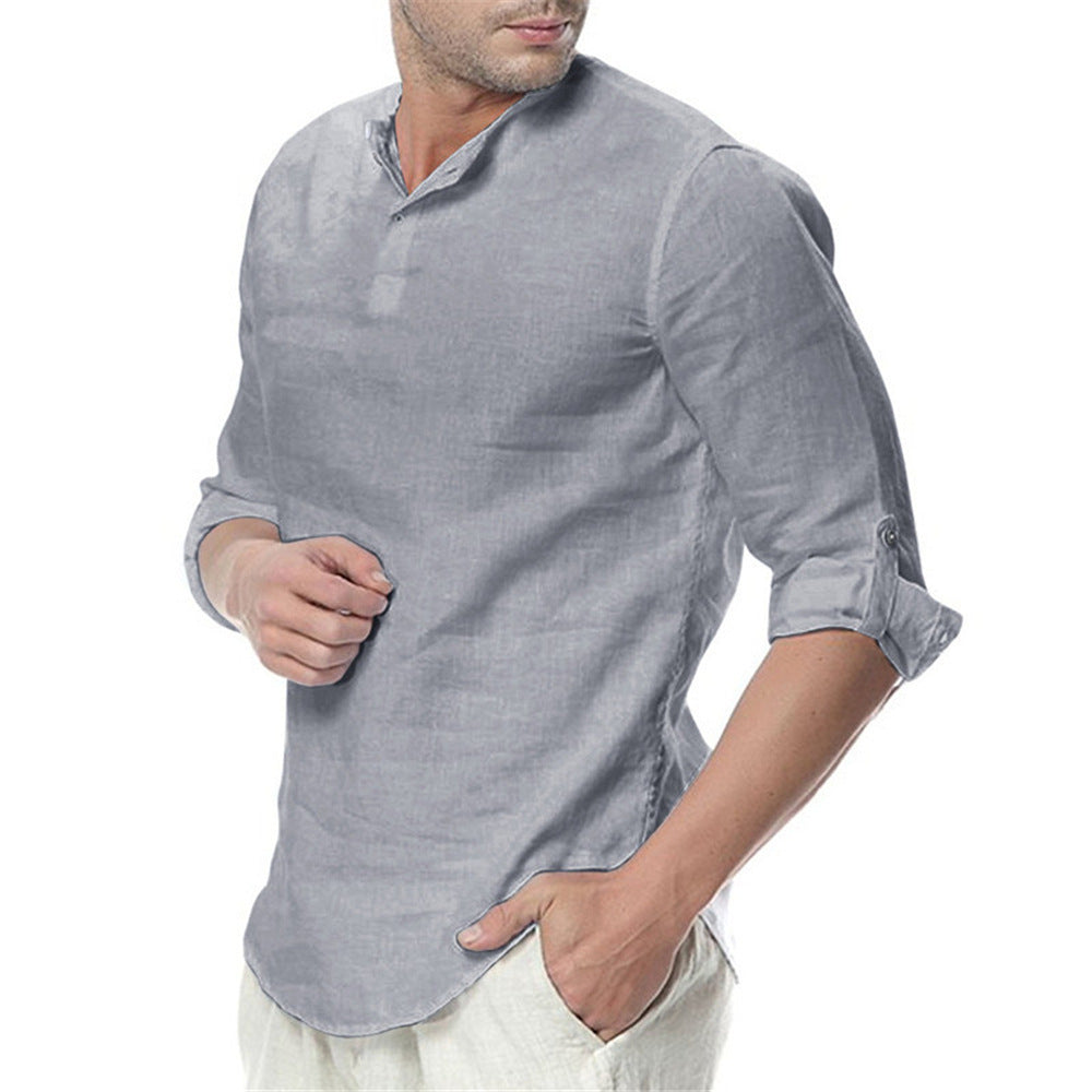 Stand-up Collar Cotton Linen Long-sleeved Shirt