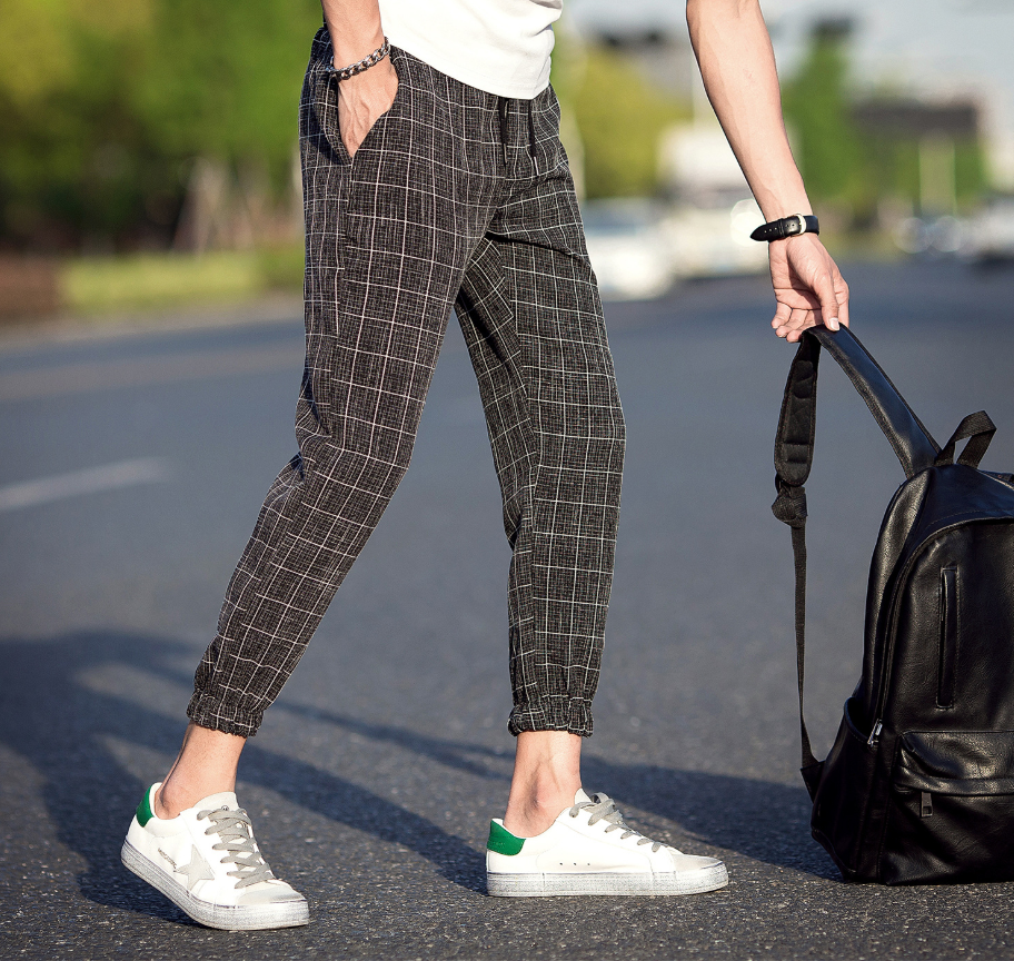 Casual Ankle-Length Plaid Trousers