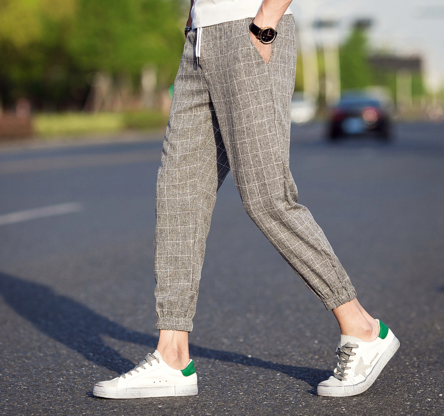 Casual Ankle-Length Plaid Trousers