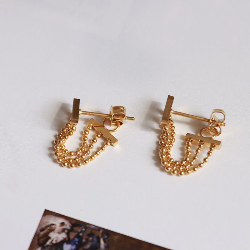 Temperament Wild Exquisite Short Bead Chain Small Round Bead Tassel Earrings