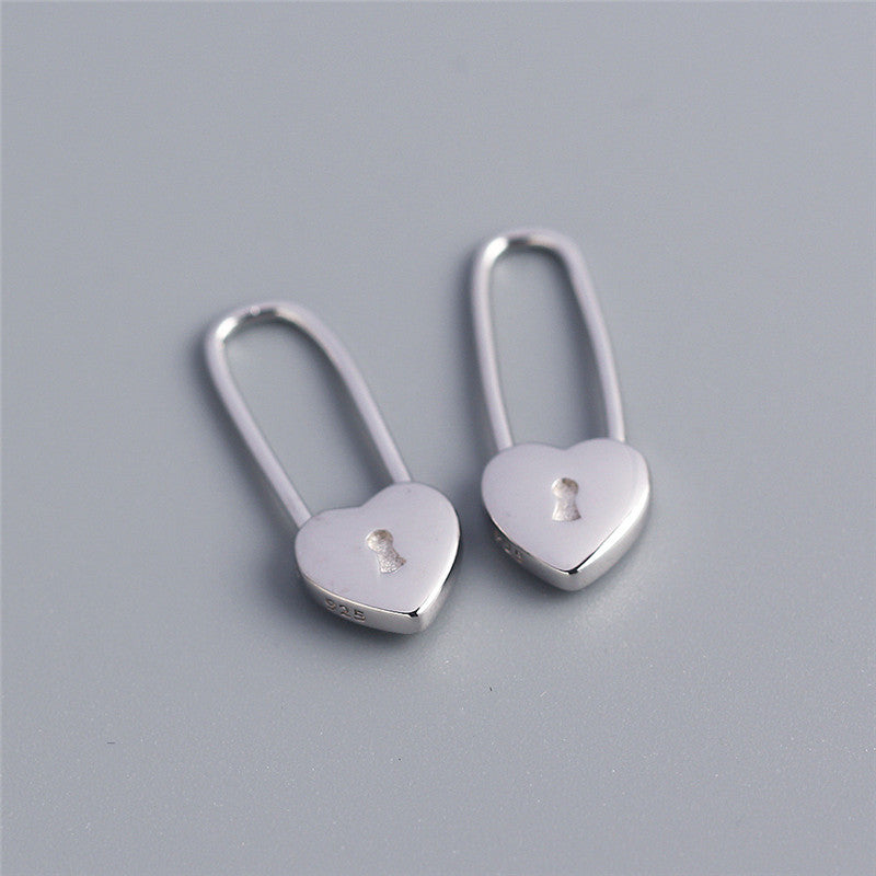 French Light Luxury Heart-shaped Lock Long Ear Buckle Silver Earrings