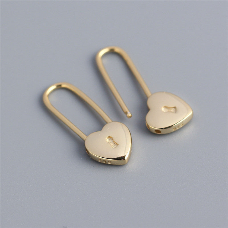 French Light Luxury Heart-shaped Lock Long Ear Buckle Silver Earrings