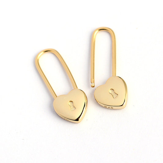 French Light Luxury Heart-shaped Lock Long Ear Buckle Silver Earrings