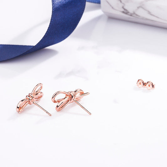 S925 Sterling Silver Bow Stud Earrings Micro Inlaid Jewelry