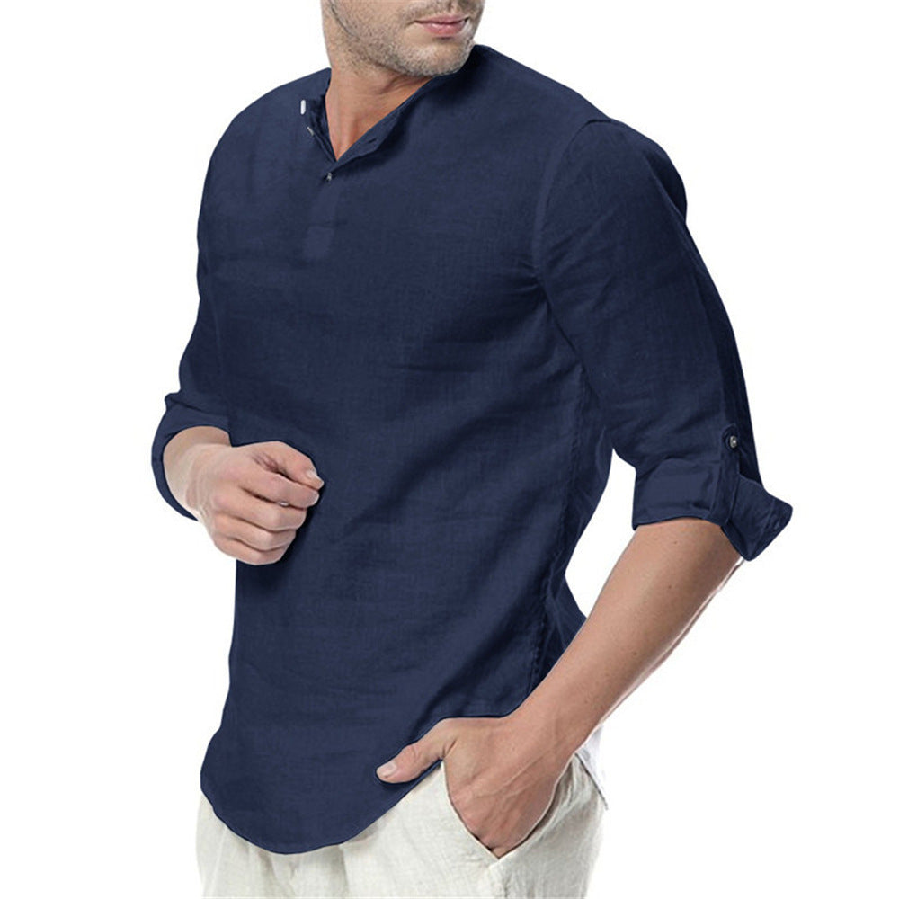 Stand-up Collar Cotton Linen Long-sleeved Shirt