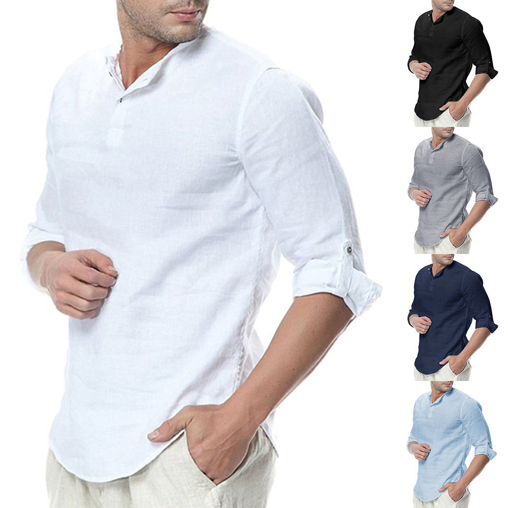 Stand-up Collar Cotton Linen Long-sleeved Shirt