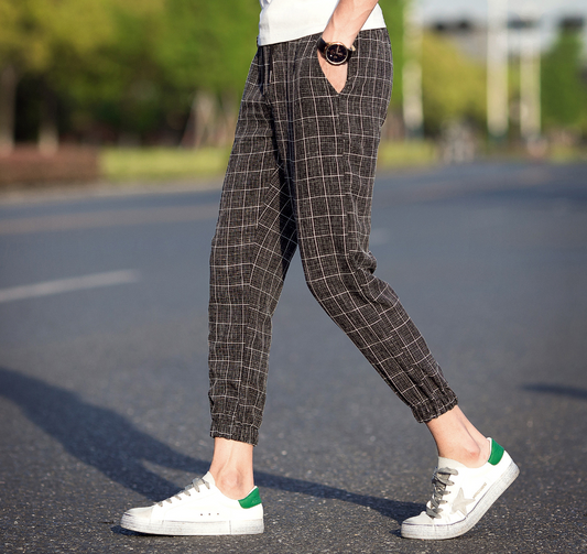 Casual Ankle-Length Plaid Trousers