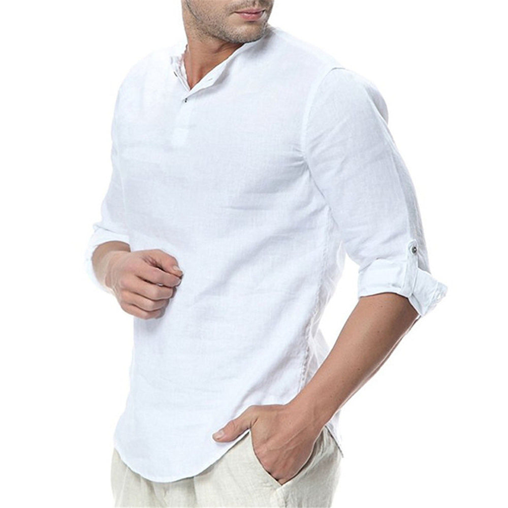 Stand-up Collar Cotton Linen Long-sleeved Shirt