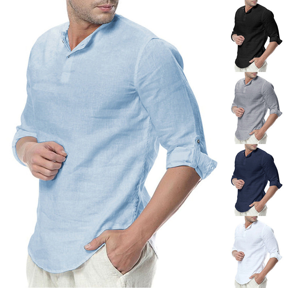 Stand-up Collar Cotton Linen Long-sleeved Shirt