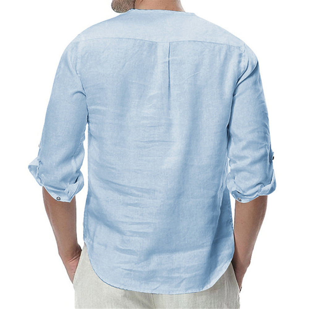 Stand-up Collar Cotton Linen Long-sleeved Shirt