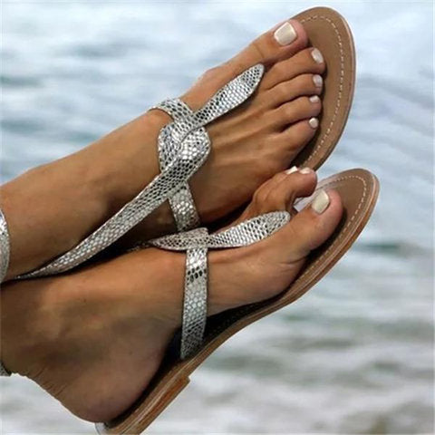 Roman Sandal Lady's Summer Flat Toe Snakeprint