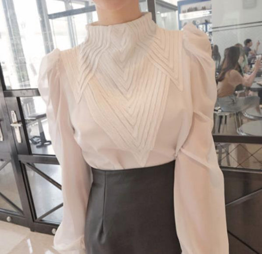 Puff Sleeve Stand Collar Chiffon Blouse