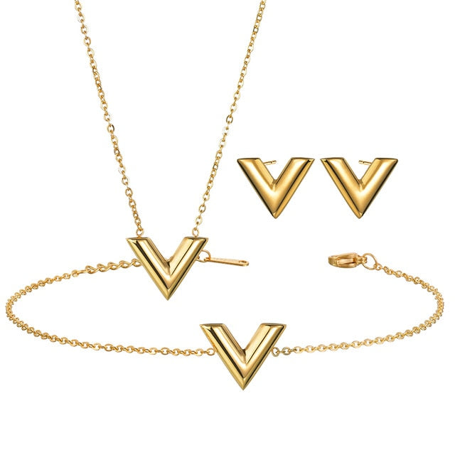 V Letter Earrings Necklace Bracelet