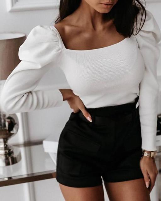 Casual Solid Knit Puff Long Sleeve Top