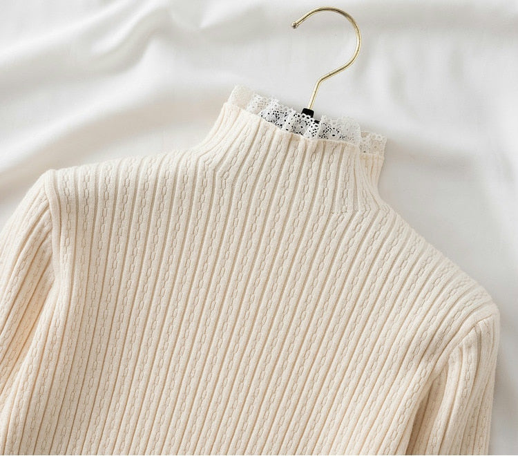 Knitted Sweater High Neck with Lace