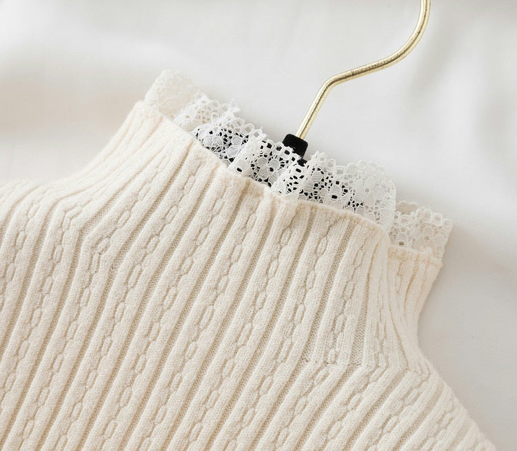 Knitted Sweater High Neck with Lace