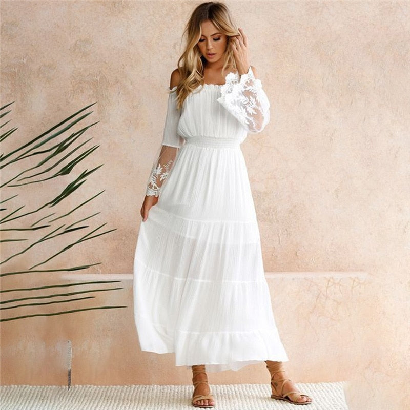 Off Shoulder Lace Boho Maxi Dress